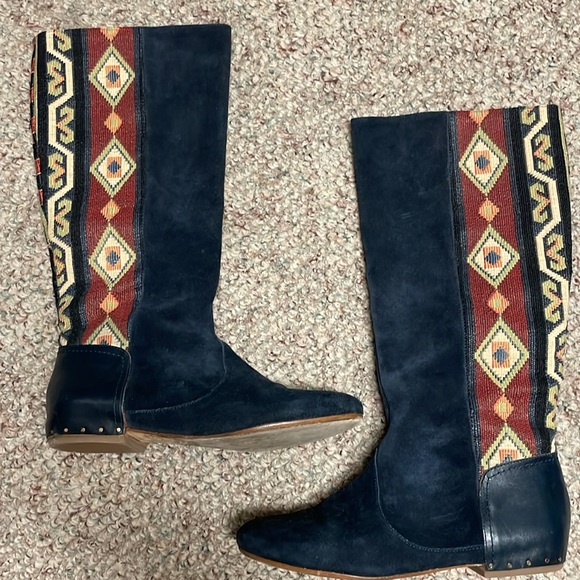 Sigerson Morrison suede western print boots with leather studded sock accent - Picture 3 of 14